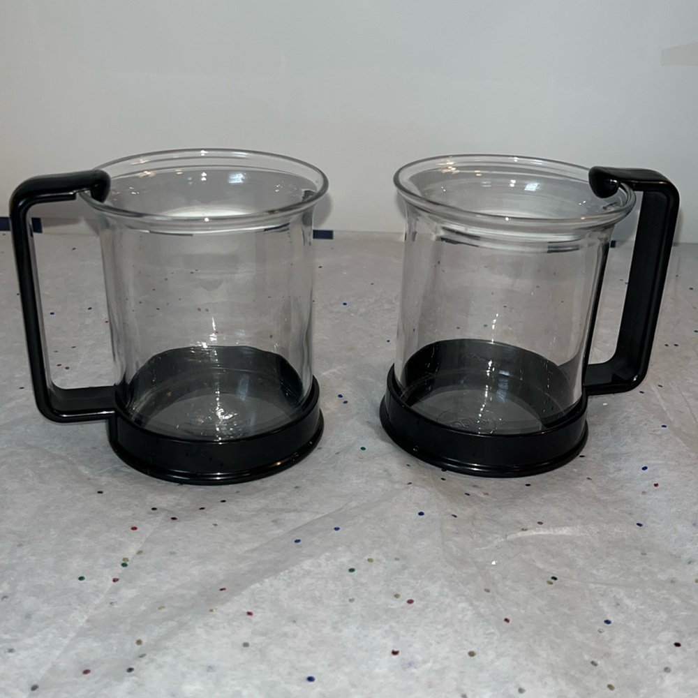 Bodum glass coffee, mugs with snap off handle… Set of two, made in Switzerland